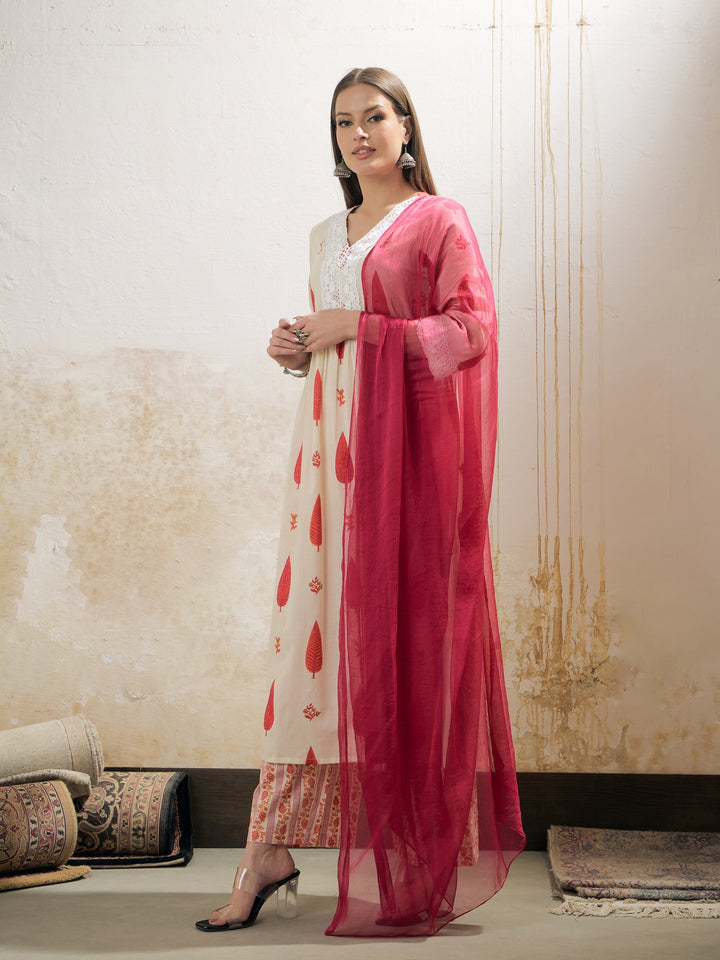 White &amp; Red Floral Gathered Kurta With Pencil Pants &amp; Dupatta-Shae by SASSAFRAS