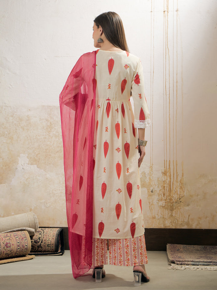 White &amp; Red Floral Gathered Kurta With Pencil Pants &amp; Dupatta-Shae by SASSAFRAS