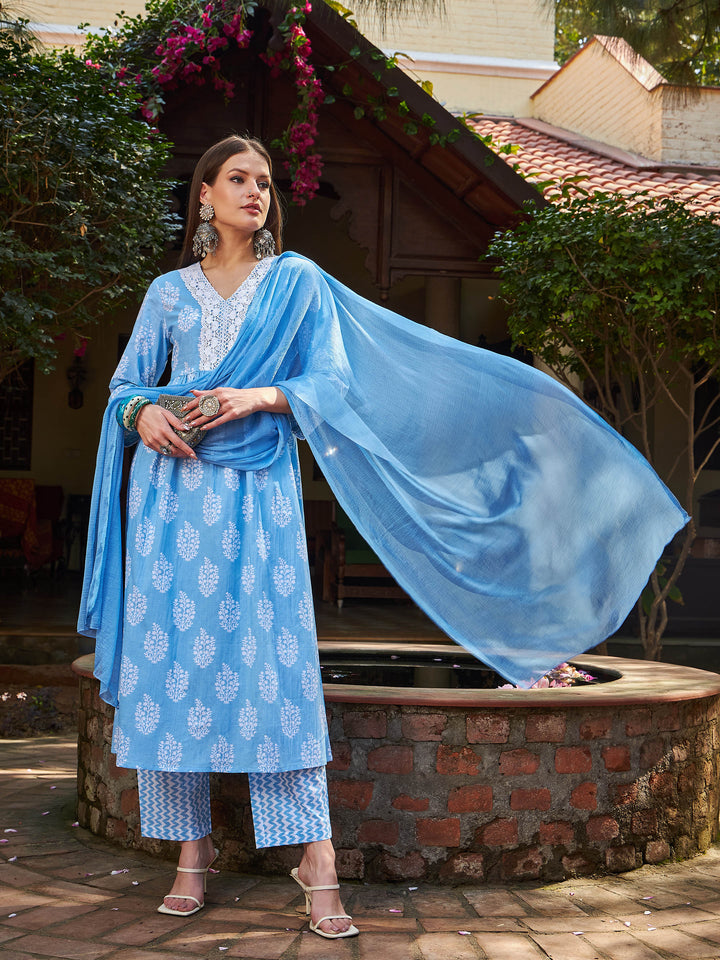 Blue Floral Gathered Kurta With Pencil Pants &amp; Dupatta-Shae by SASSAFRAS