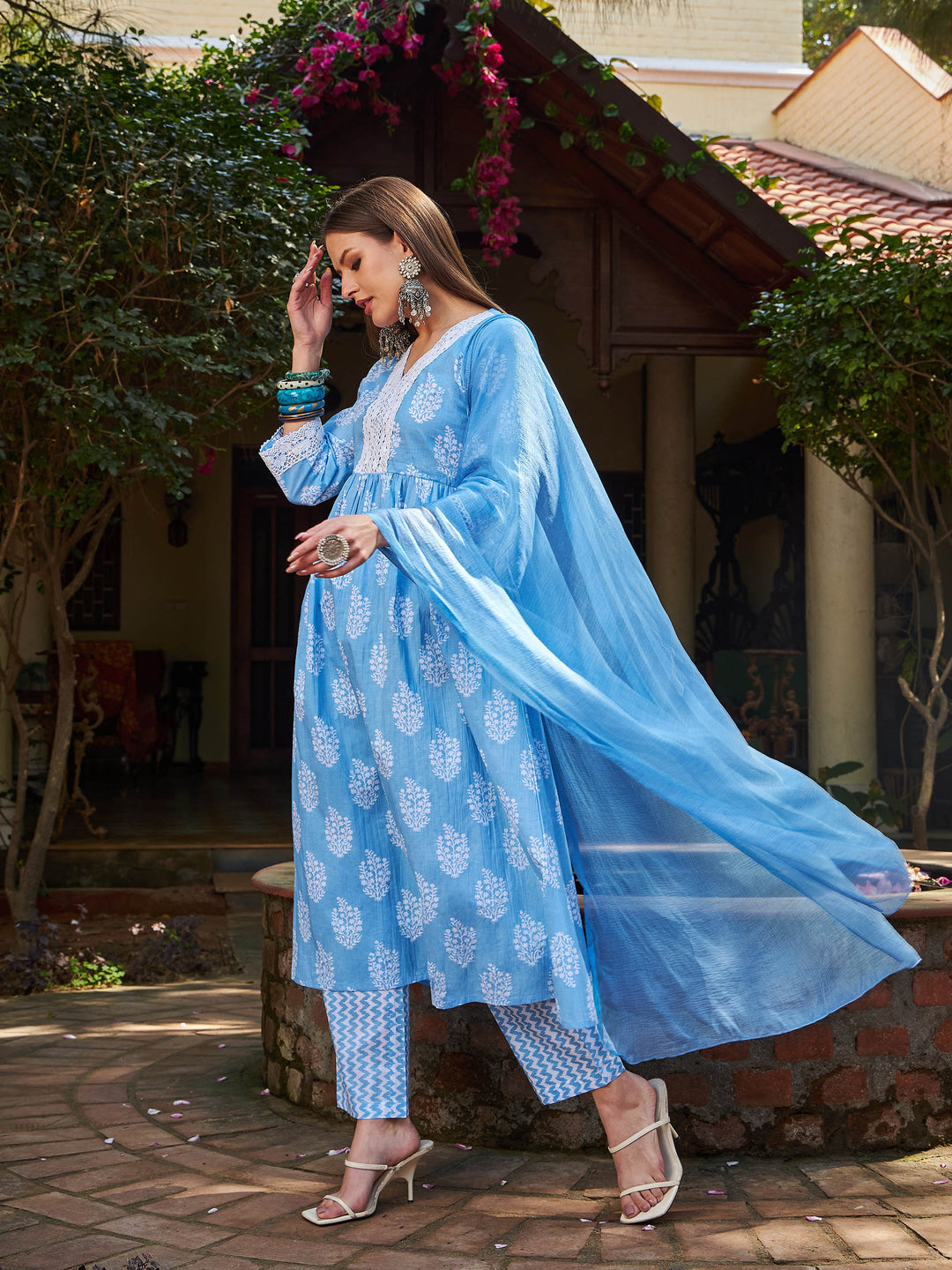 Blue Floral Gathered Kurta With Pencil Pants &amp; Dupatta-Shae by SASSAFRAS