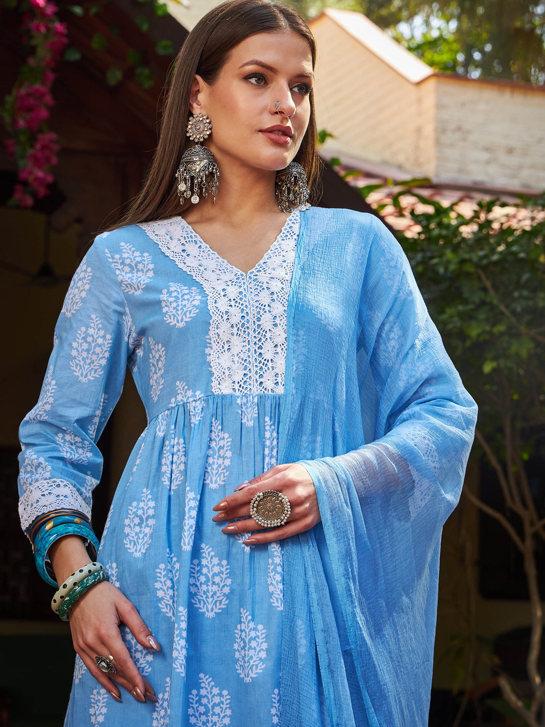 Blue Floral Gathered Kurta With Pencil Pants &amp; Dupatta-Shae by SASSAFRAS