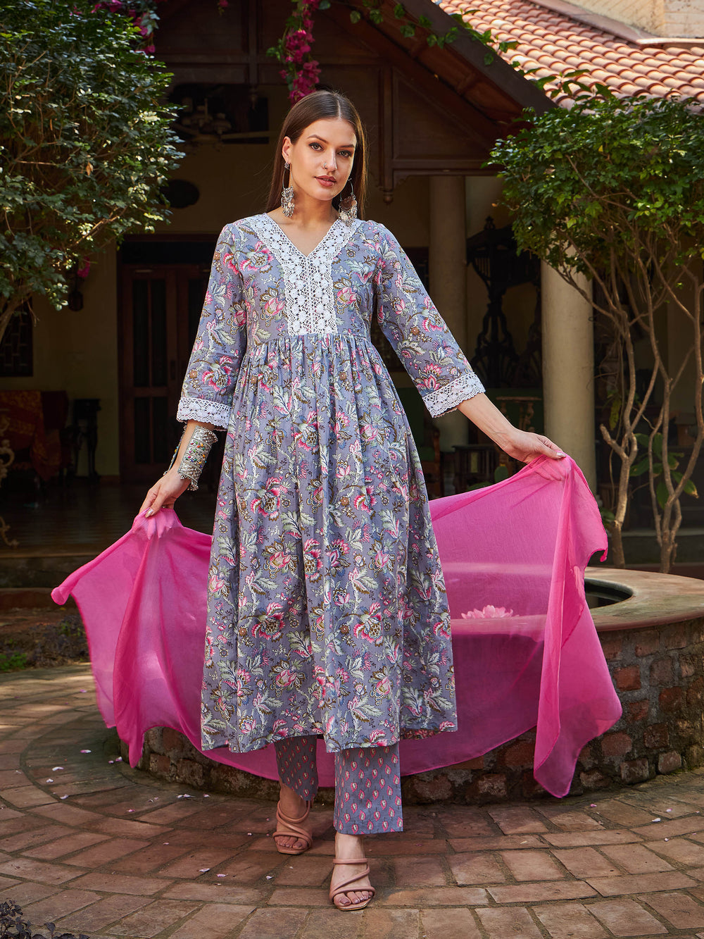 Grey Floral Gathered Kurta With Pencil Pants & Dupatta-Shae by SASSAFRAS