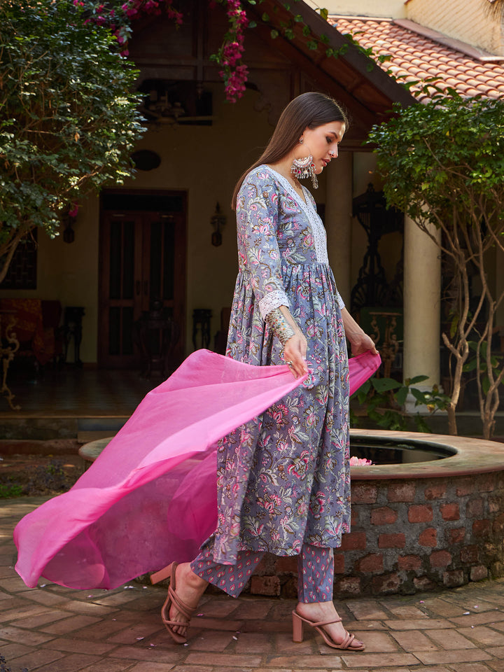 Grey Floral Gathered Kurta With Pencil Pants &amp; Dupatta-Shae by SASSAFRAS