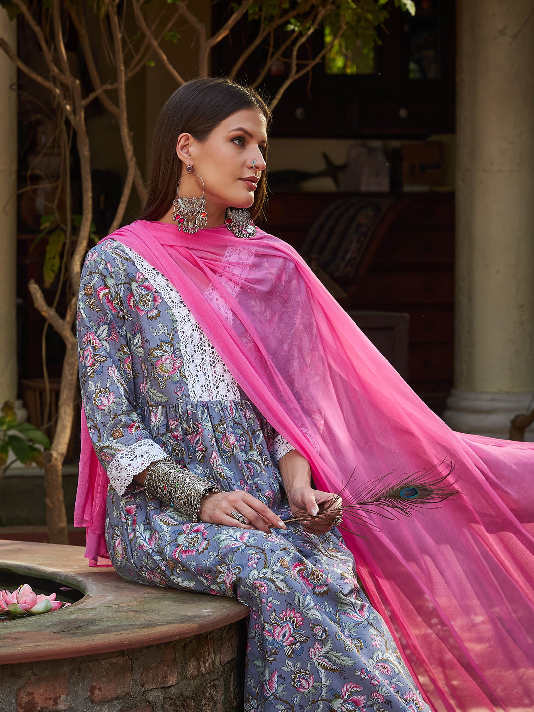 Grey Floral Gathered Kurta With Pencil Pants &amp; Dupatta-Shae by SASSAFRAS