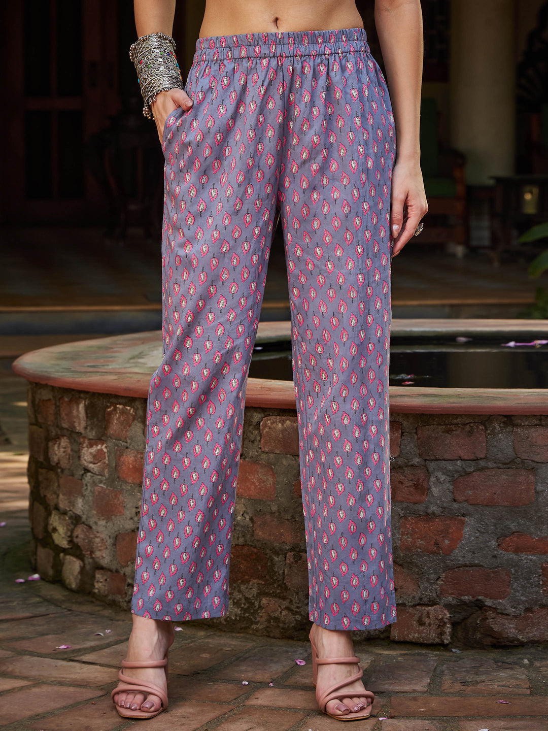 Grey Floral Gathered Kurta With Pencil Pants &amp; Dupatta-Shae by SASSAFRAS