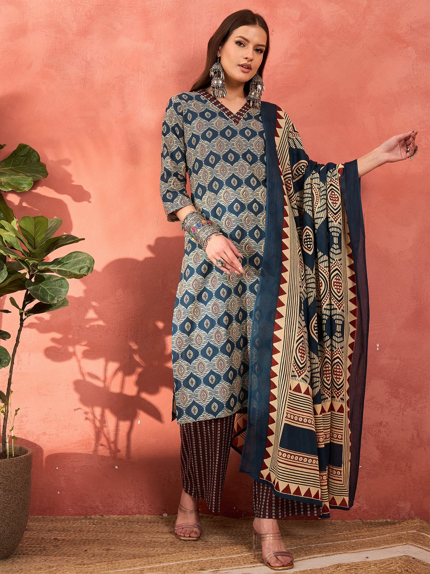 Navy Geometric Print V Neck Kurta With Pencil Pants & Dupatta