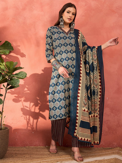 Navy Geometric Print V Neck Kurta With Pencil Pants & Dupatta