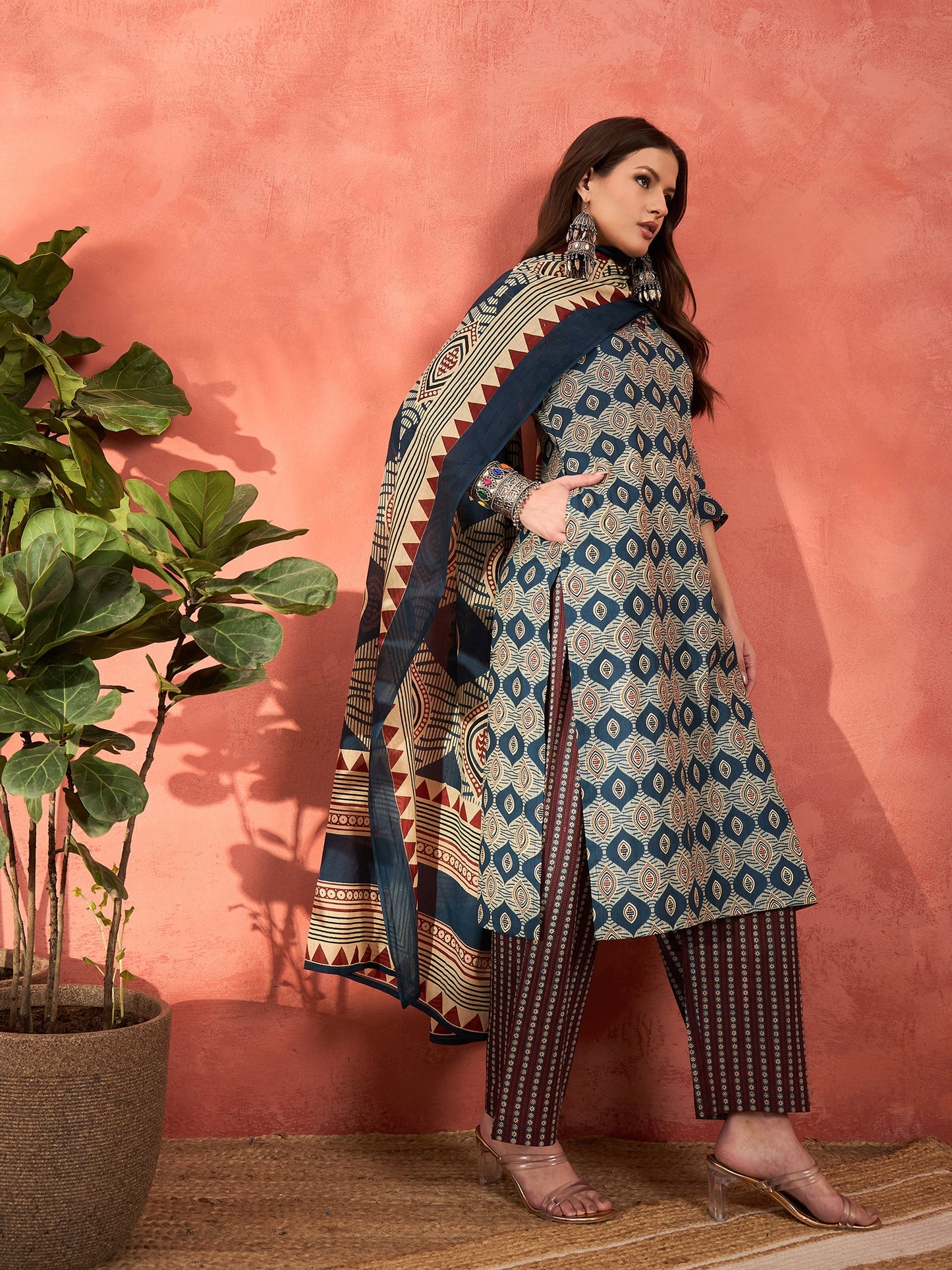 Navy Geometric Print V Neck Kurta With Pencil Pants & Dupatta