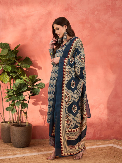 Navy Geometric Print V Neck Kurta With Pencil Pants & Dupatta