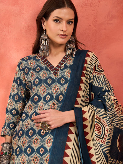 Navy Geometric Print V Neck Kurta With Pencil Pants & Dupatta