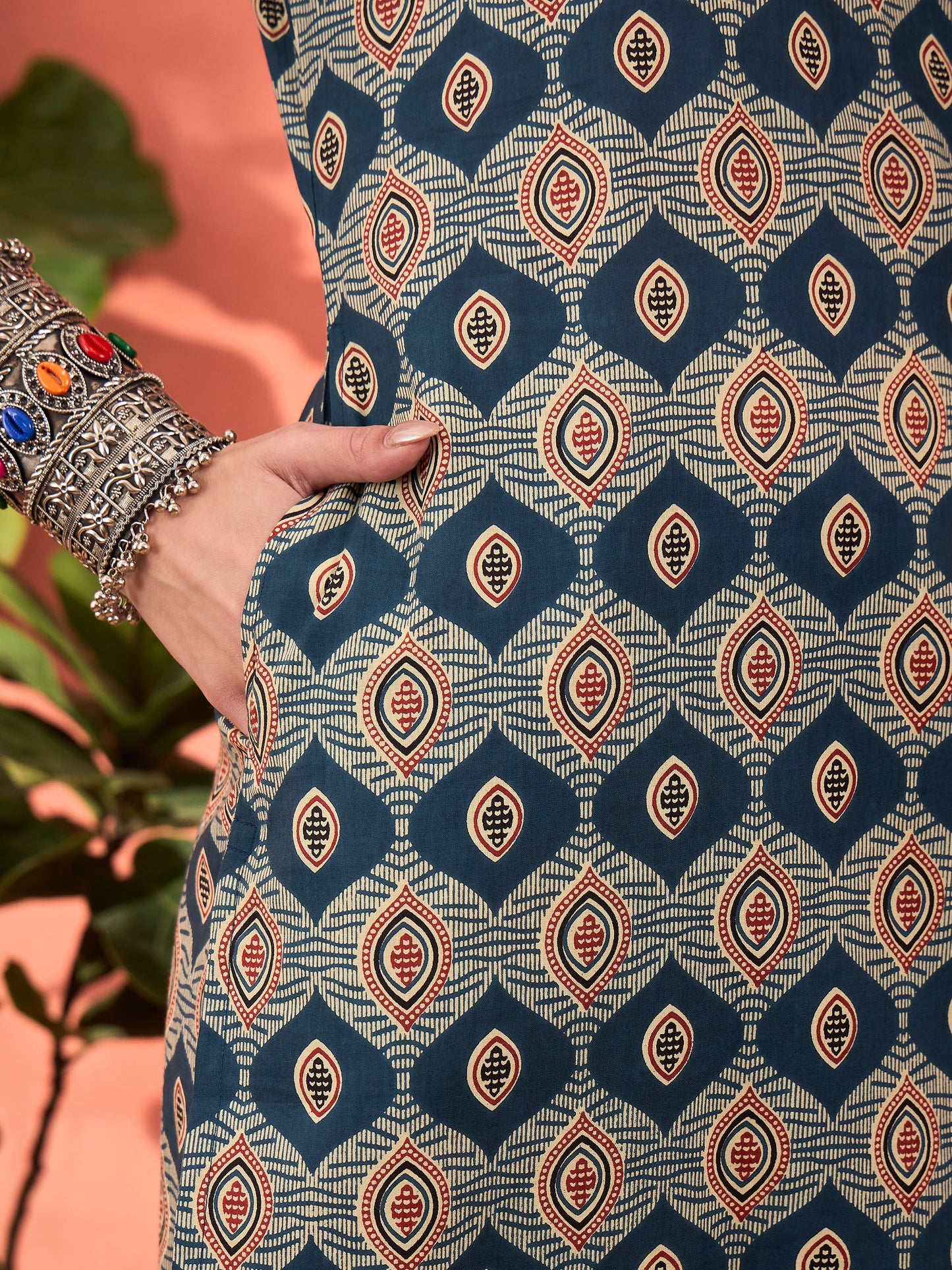 Navy Geometric Print V Neck Kurta With Pencil Pants & Dupatta
