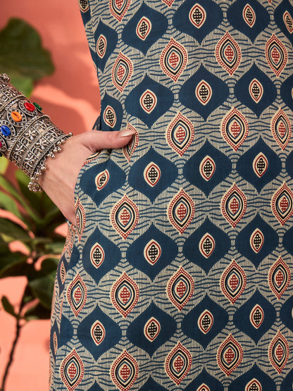 Navy Geometric Print V Neck Kurta With Pencil Pants & Dupatta