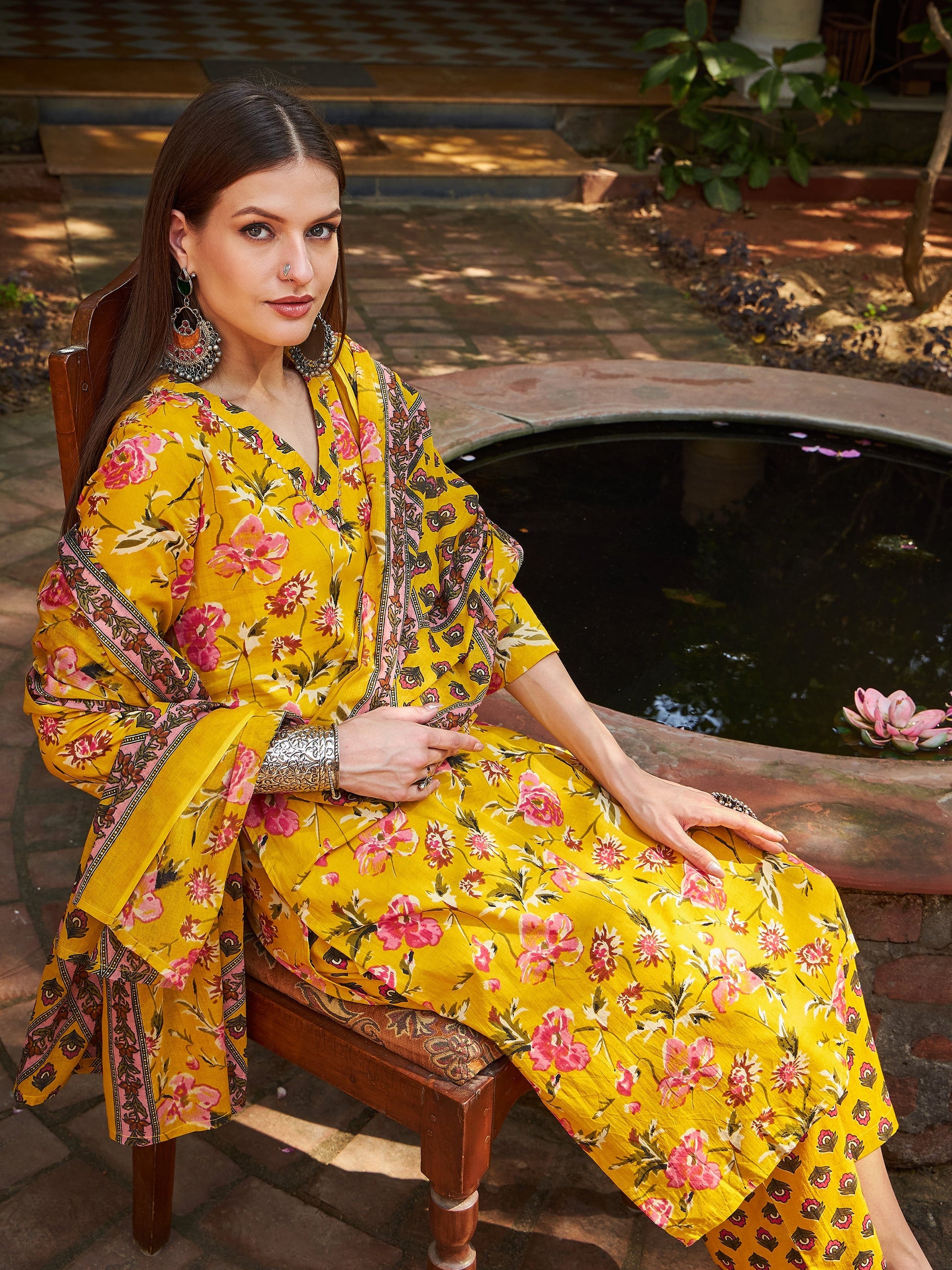 Yellow Floral V Neck Kurta With Pencil Pants & Dupatta-Shae by SASSAFRAS