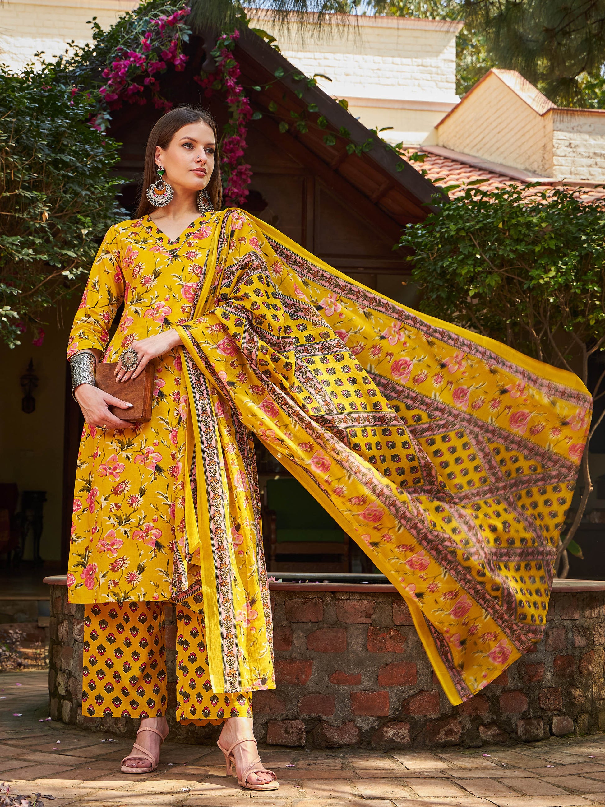 Yellow Floral V Neck Kurta With Pencil Pants & Dupatta-Shae by SASSAFRAS