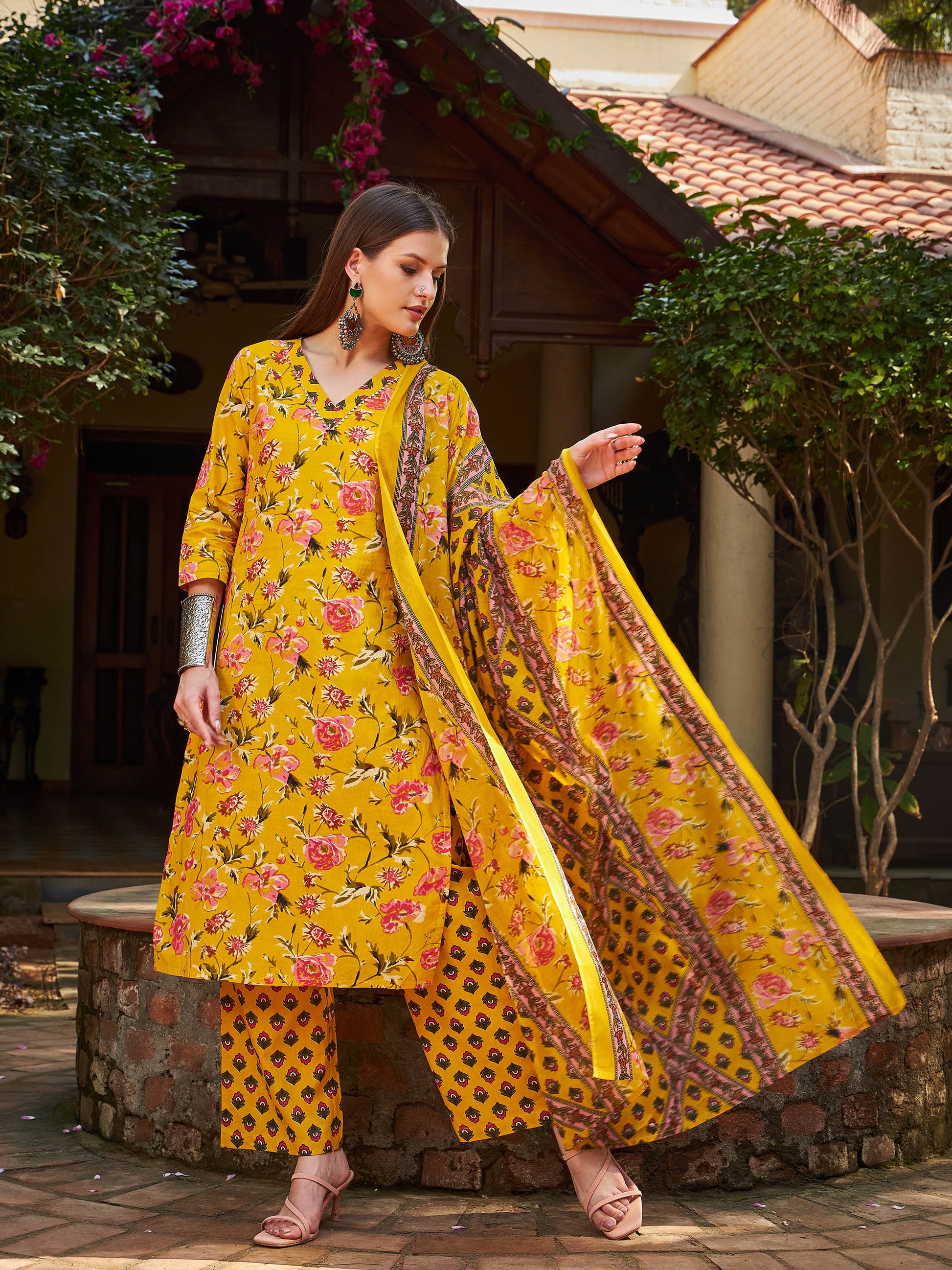 Yellow Floral V Neck Kurta With Pencil Pants & Dupatta-Shae by SASSAFRAS
