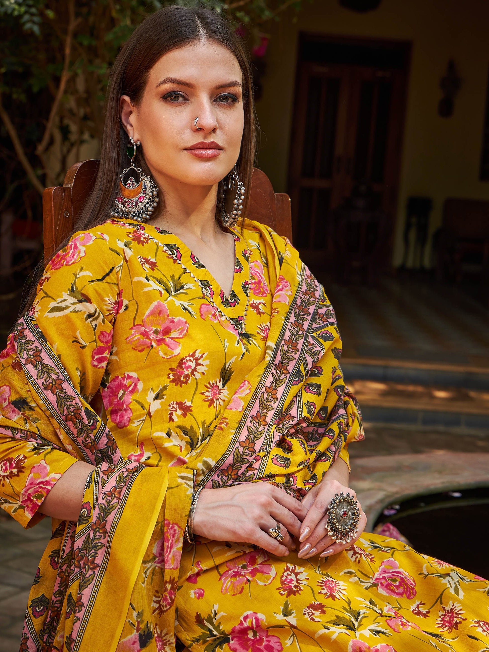 Yellow Floral V Neck Kurta With Pencil Pants & Dupatta-Shae by SASSAFRAS