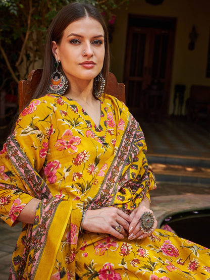 Yellow Floral V Neck Kurta With Pencil Pants & Dupatta-Shae by SASSAFRAS