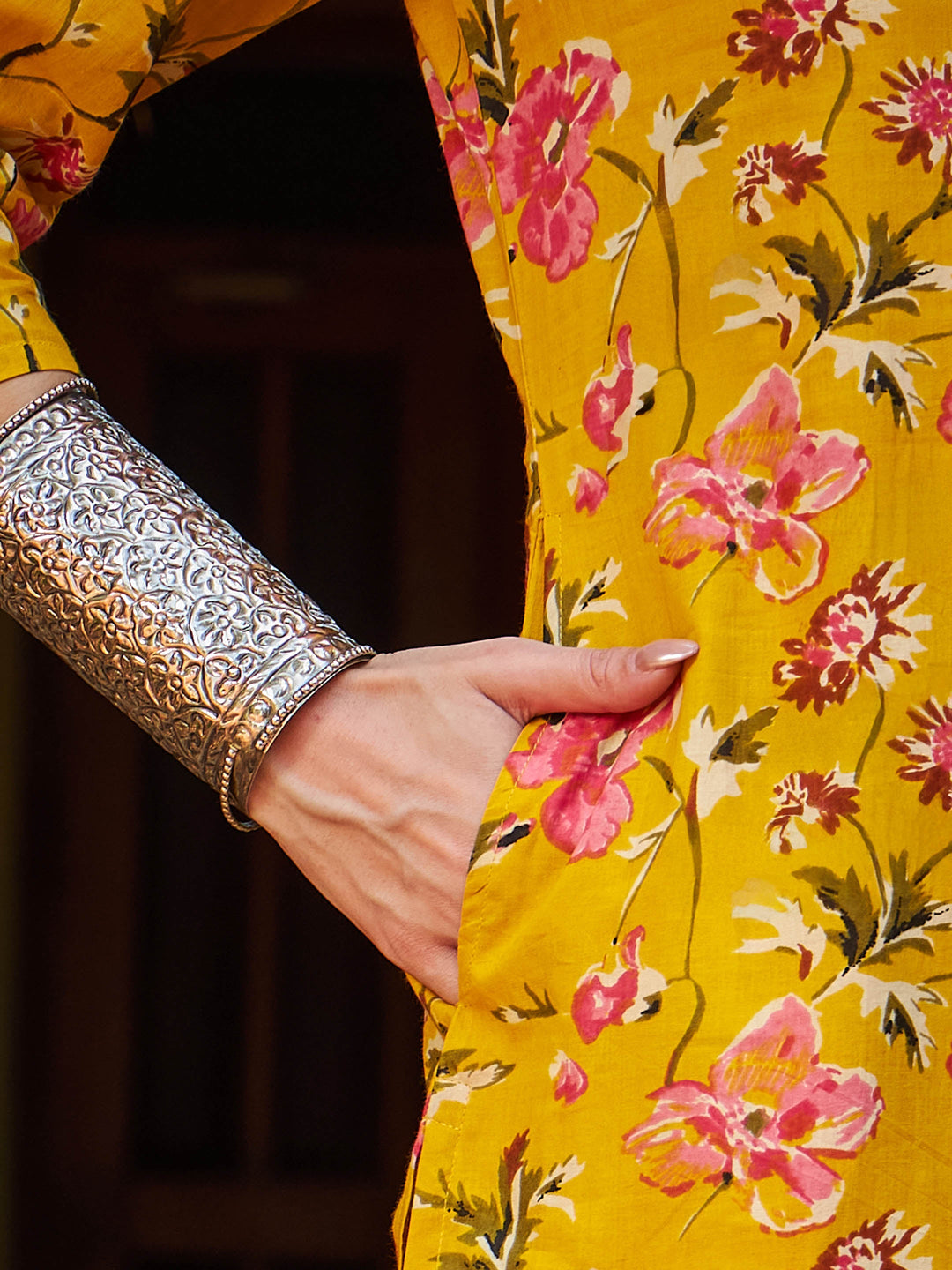Yellow Floral V Neck Kurta With Pencil Pants &amp; Dupatta-Shae by SASSAFRAS