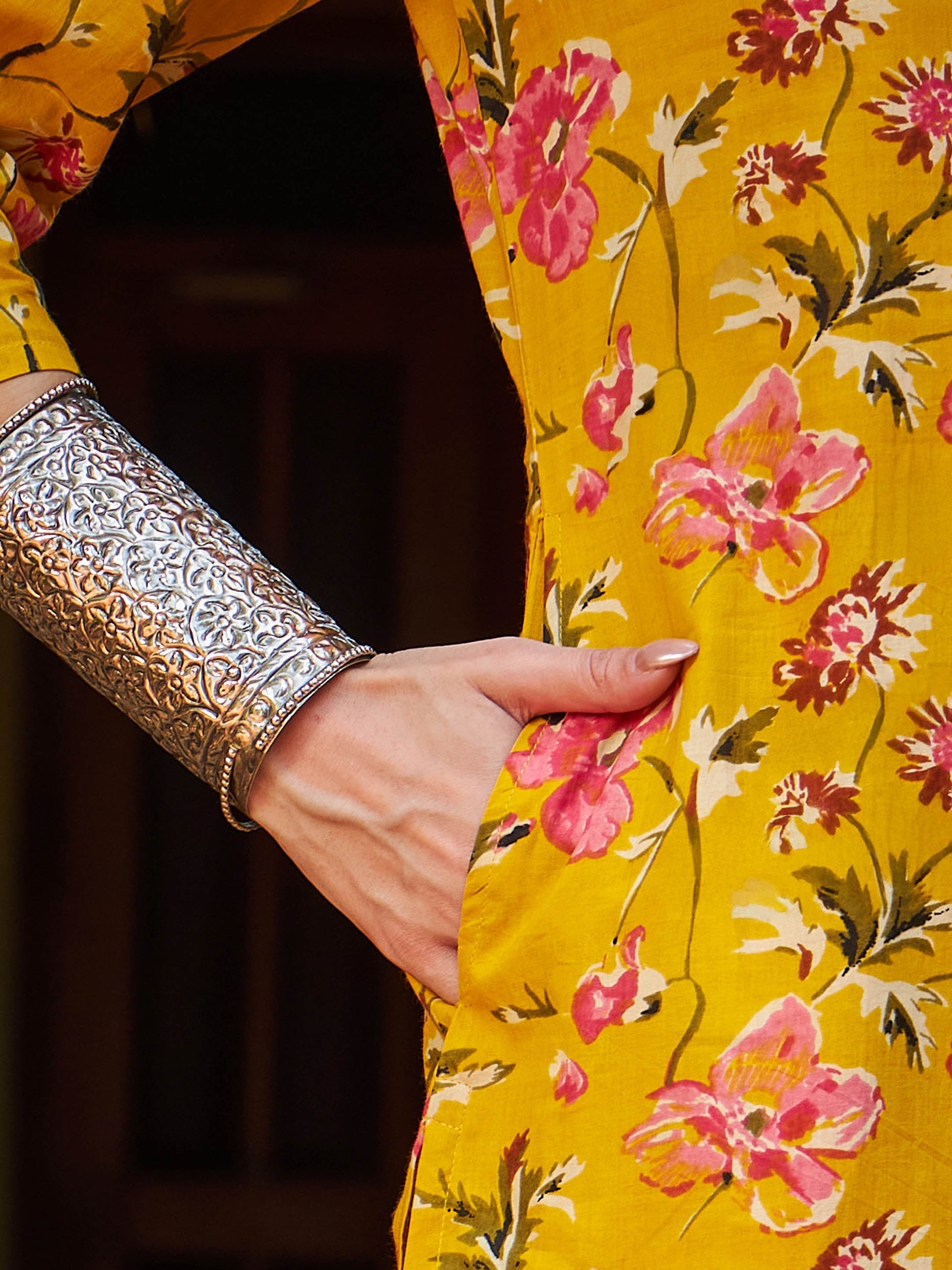 Yellow Floral V Neck Kurta With Pencil Pants & Dupatta-Shae by SASSAFRAS