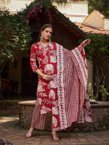 Women's Women Maroon Floral V Neck Kurta With Pencil Pants & Dupatta in Cotton by Shae for wholesale, bulk, supplier, manufacturer and wholesaler buyers from Trendphoria