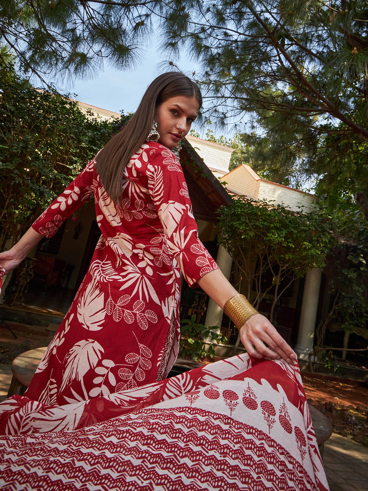 Maroon Floral V Neck Kurta With Pencil Pants &amp; Dupatta-Shae by SASSAFRAS