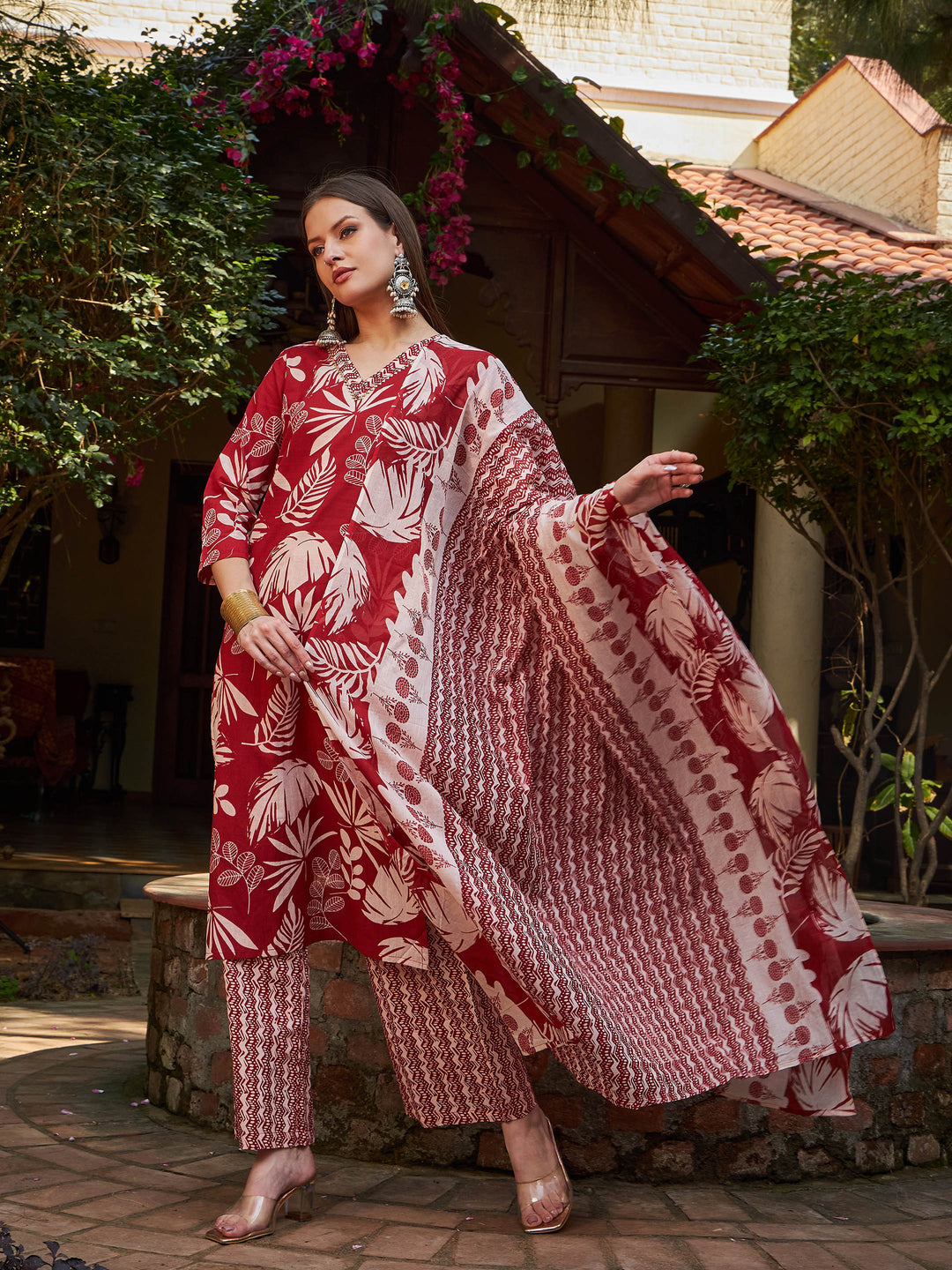 Maroon Floral V Neck Kurta With Pencil Pants &amp; Dupatta-Shae by SASSAFRAS