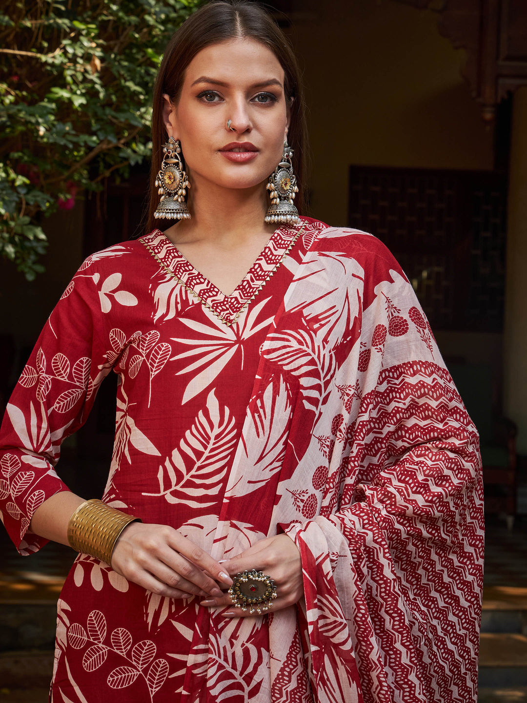 Maroon Floral V Neck Kurta With Pencil Pants &amp; Dupatta-Shae by SASSAFRAS
