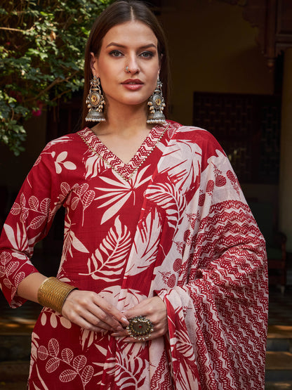 Maroon Floral V Neck Kurta With Pencil Pants & Dupatta-Shae by SASSAFRAS