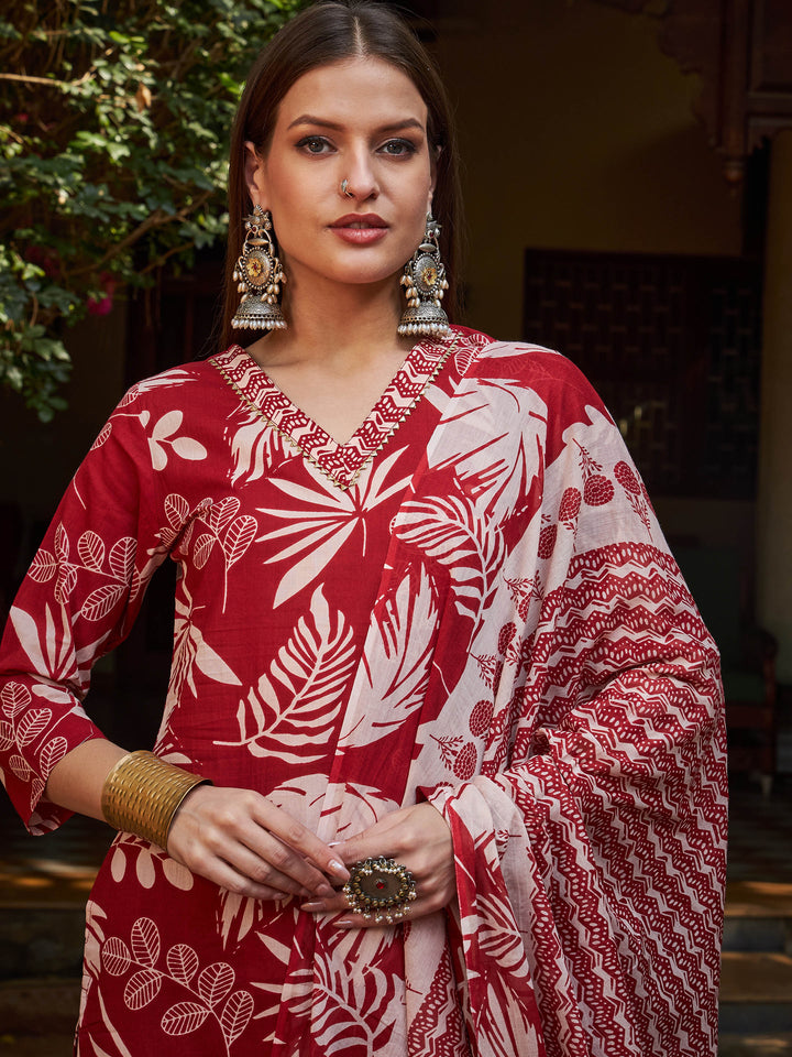 Maroon Floral V Neck Kurta With Pencil Pants &amp; Dupatta-Shae by SASSAFRAS