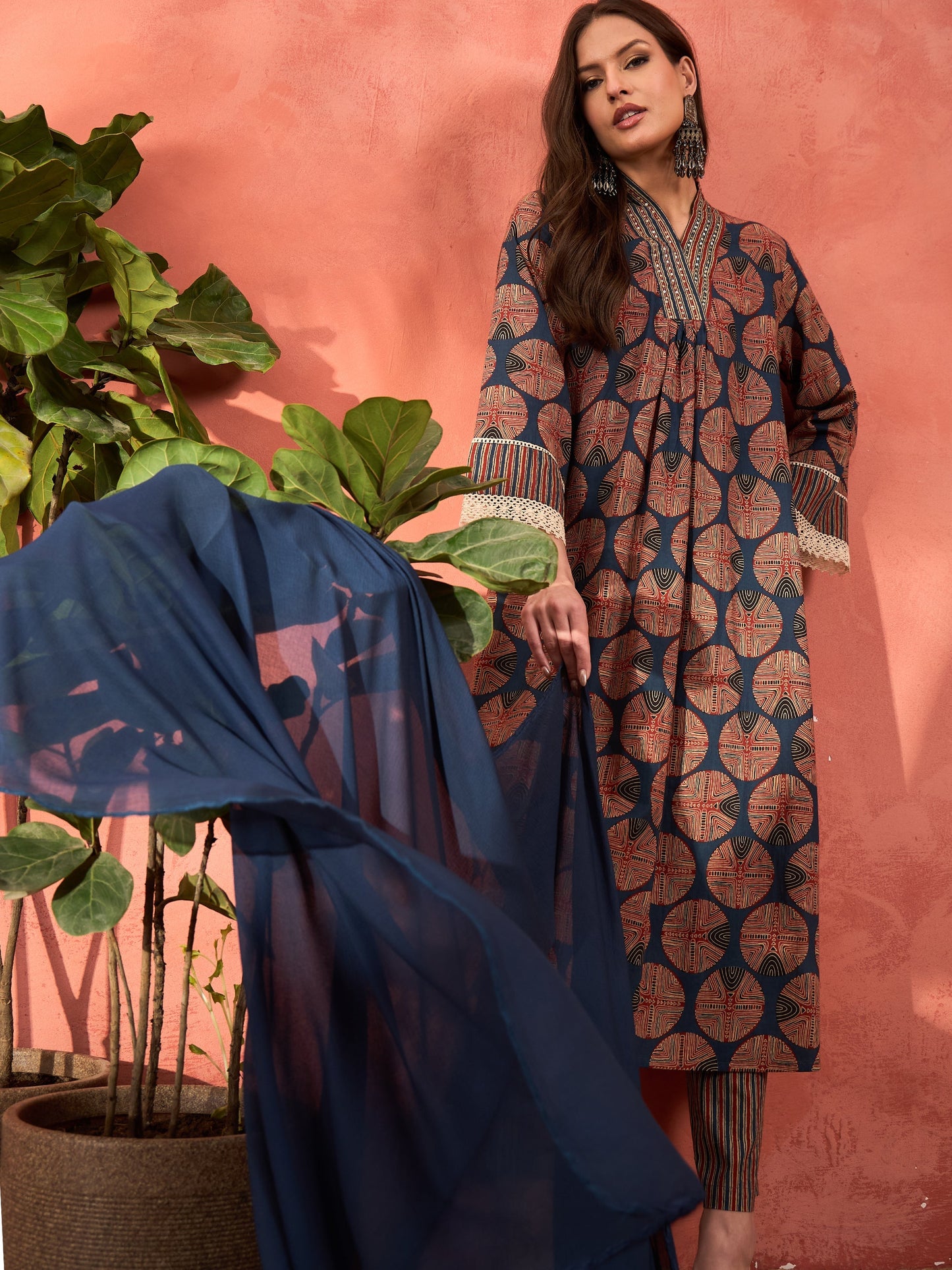 Navy Geometric Print Kurta With Pencil Pants & Dupatta-Shae by SASSAFRAS