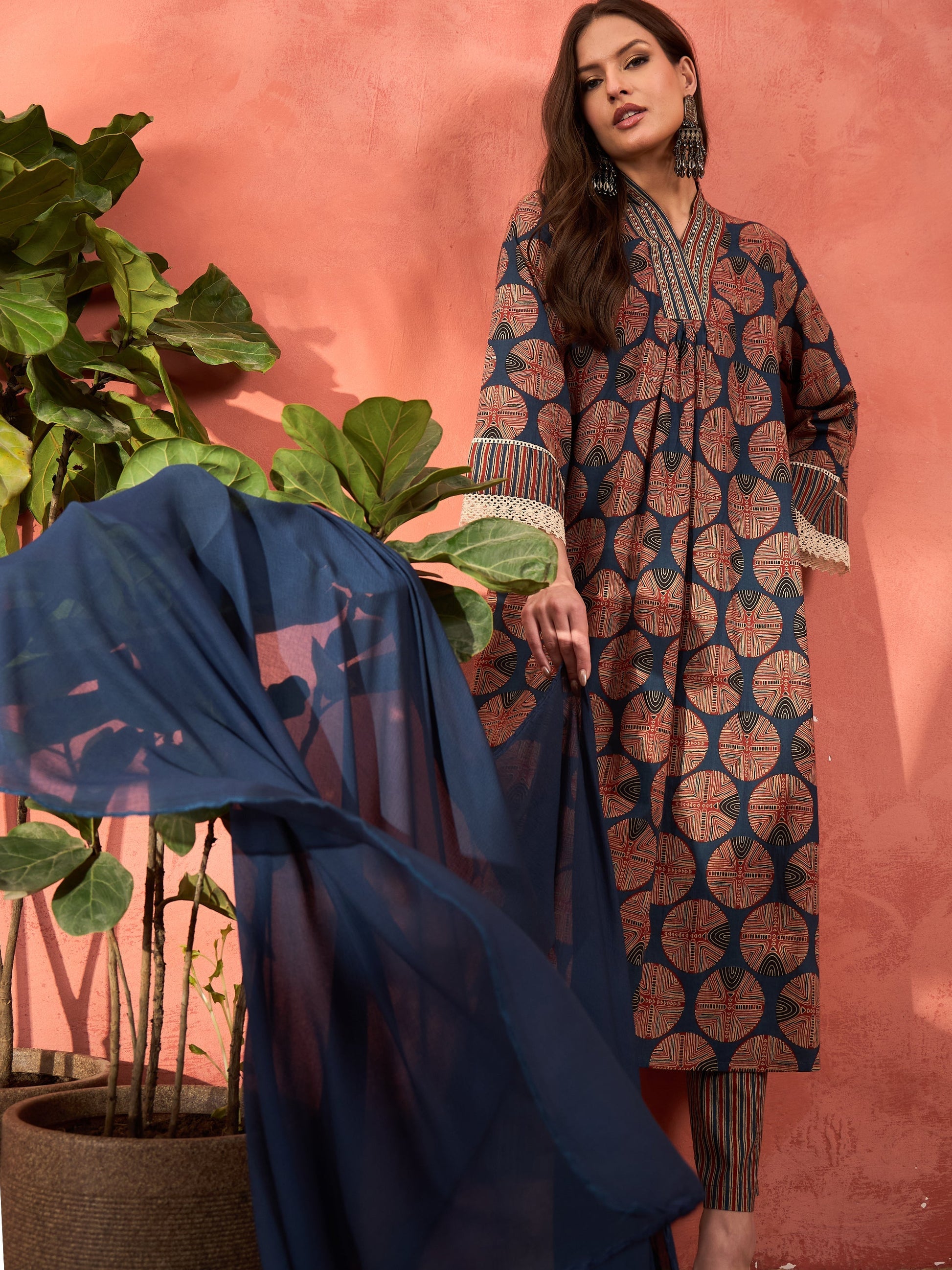 Navy Geometric Print Kurta With Pencil Pants & Dupatta-Shae by SASSAFRAS