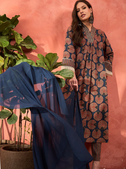 Navy Geometric Print Kurta With Pencil Pants & Dupatta-Shae by SASSAFRAS