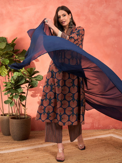 Navy Geometric Print Kurta With Pencil Pants & Dupatta-Shae by SASSAFRAS