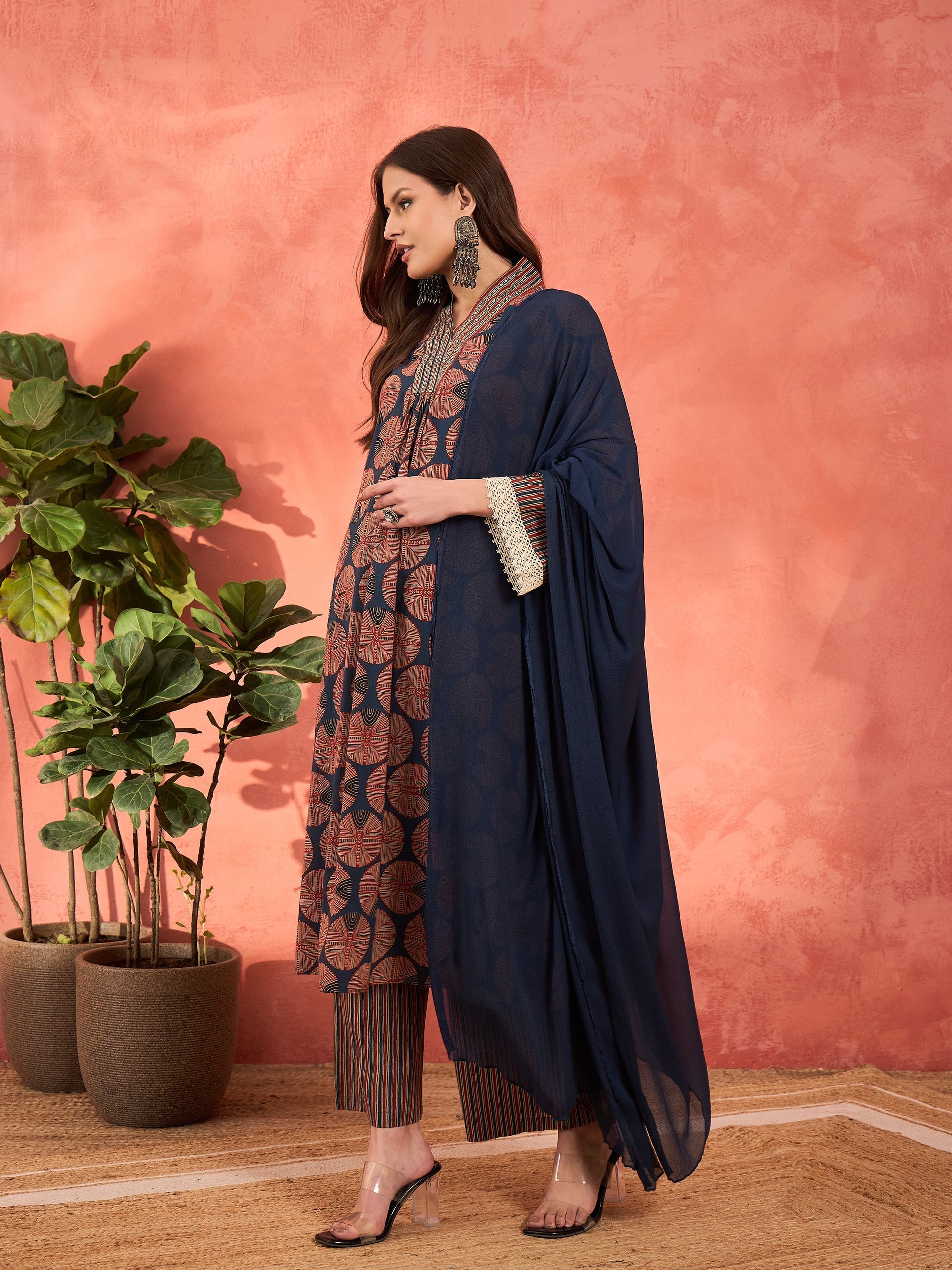 Navy Geometric Print Kurta With Pencil Pants & Dupatta-Shae by SASSAFRAS