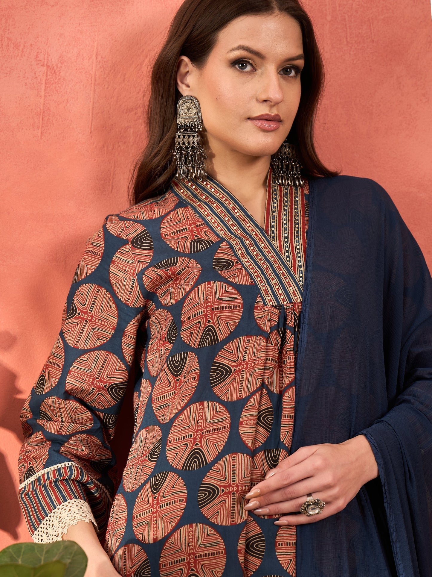 Navy Geometric Print Kurta With Pencil Pants & Dupatta-Shae by SASSAFRAS