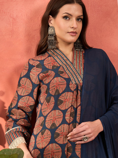 Navy Geometric Print Kurta With Pencil Pants & Dupatta-Shae by SASSAFRAS