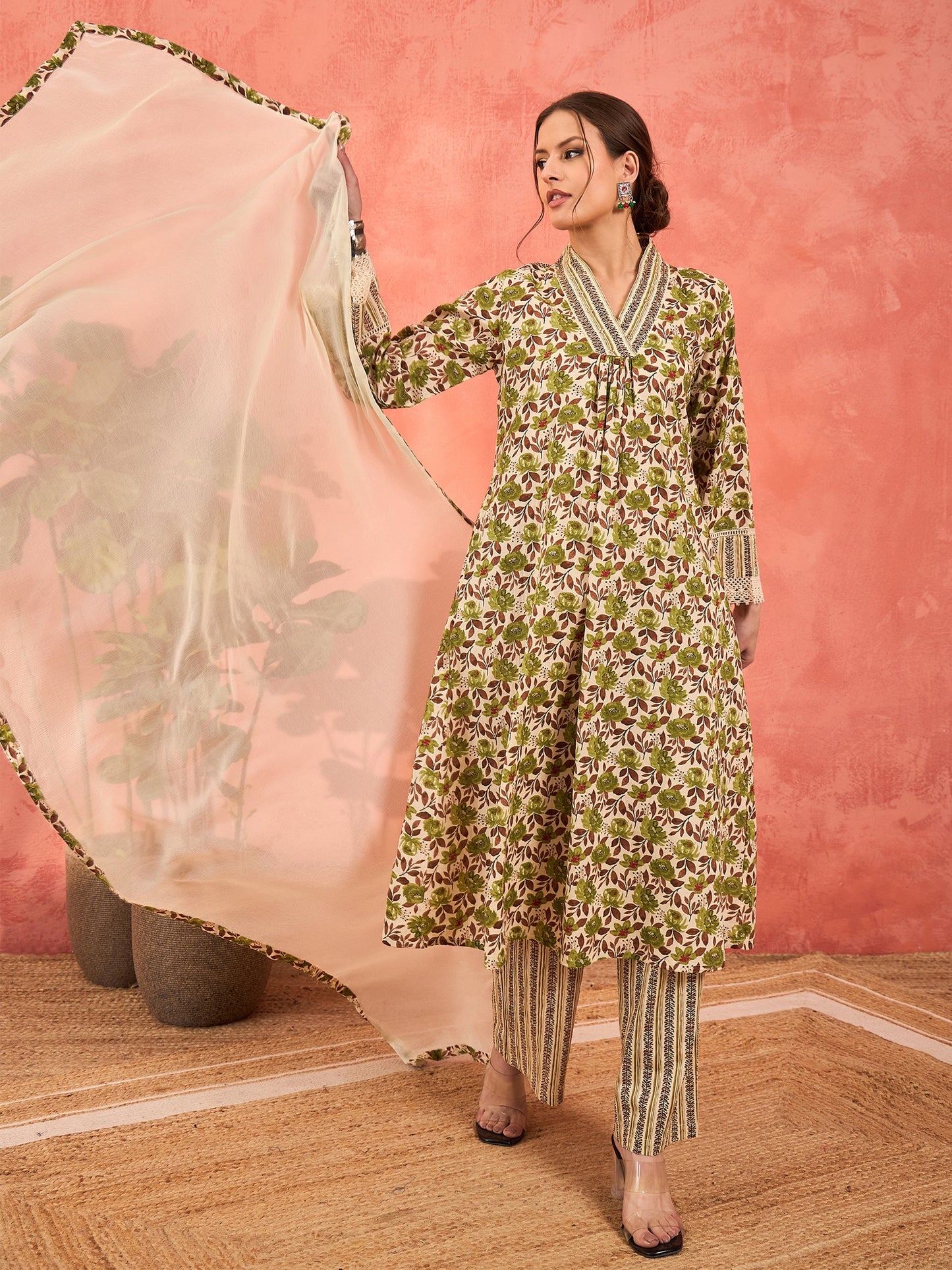 Off White & Green Floral Kurta With Pencil Pants & Dupatta-Shae by SASSAFRAS