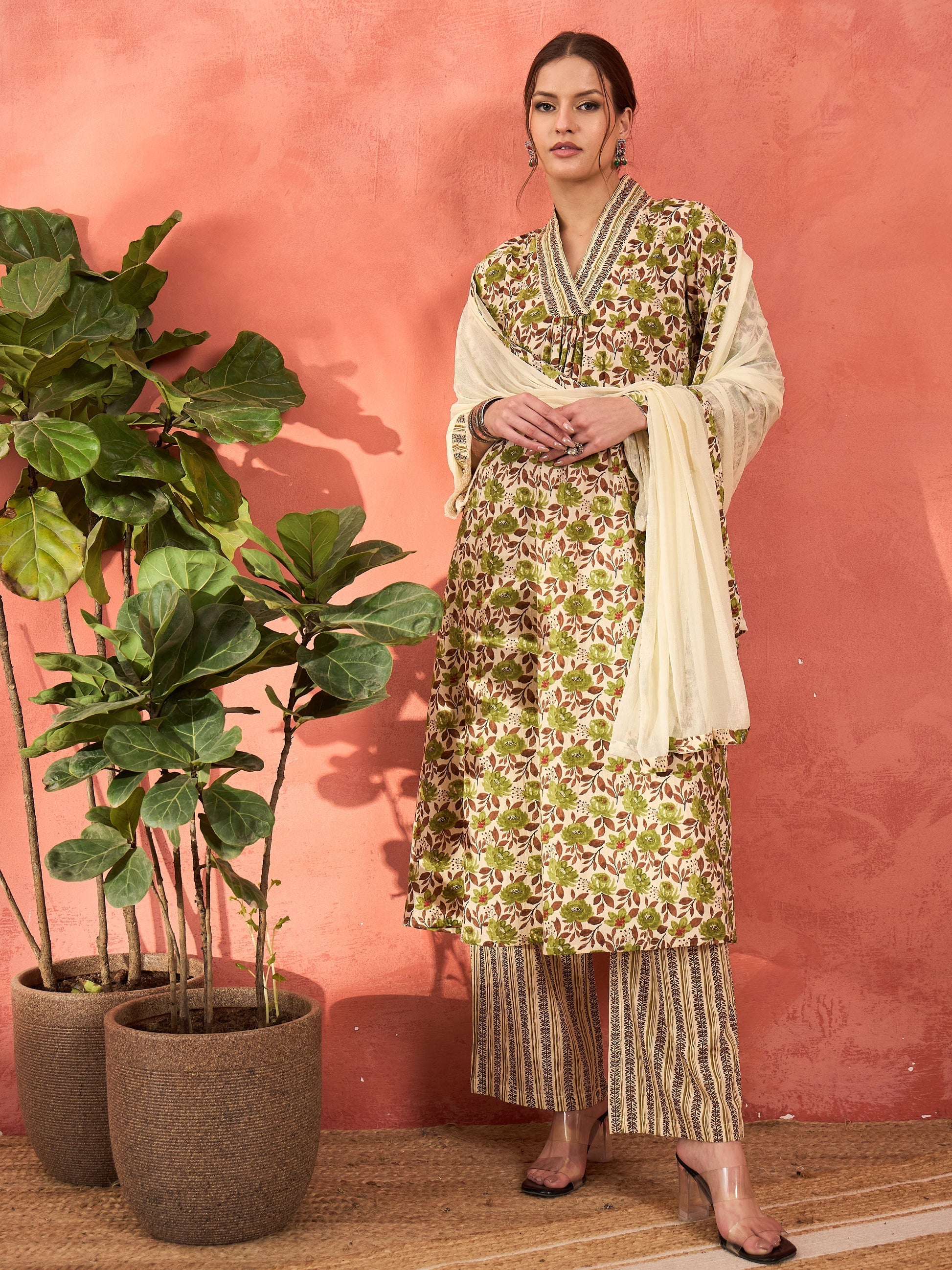 Off White & Green Floral Kurta With Pencil Pants & Dupatta-Shae by SASSAFRAS