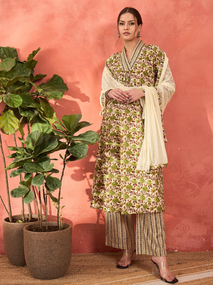 Off White & Green Floral Kurta With Pencil Pants & Dupatta-Shae by SASSAFRAS