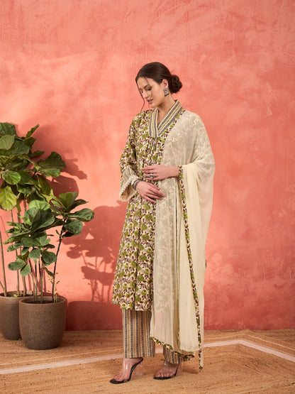 Off White & Green Floral Kurta With Pencil Pants & Dupatta-Shae by SASSAFRAS