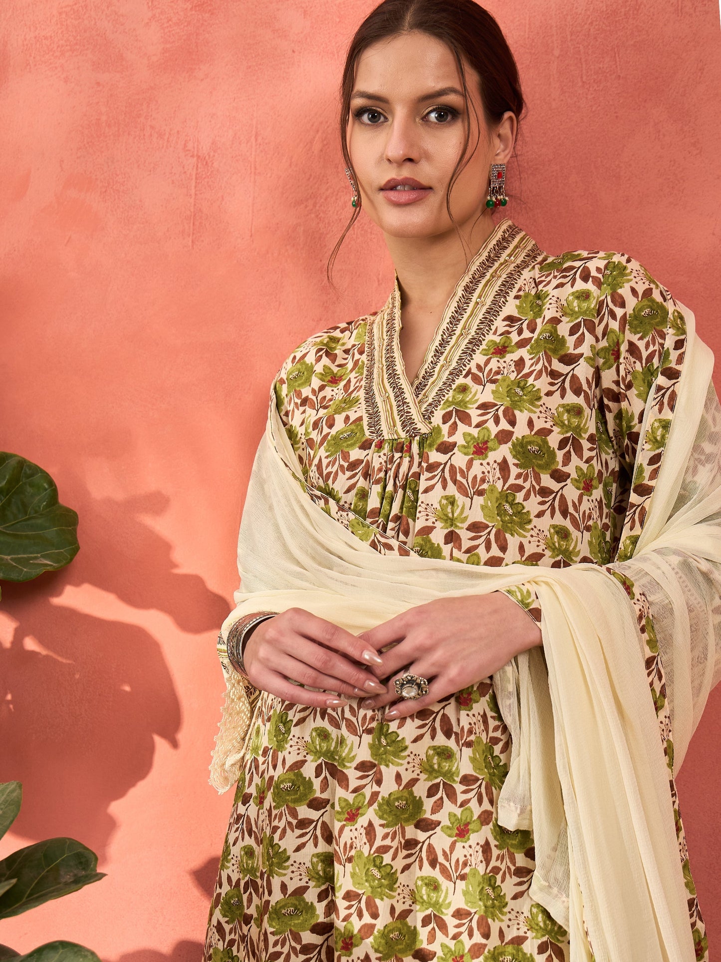 Off White & Green Floral Kurta With Pencil Pants & Dupatta-Shae by SASSAFRAS