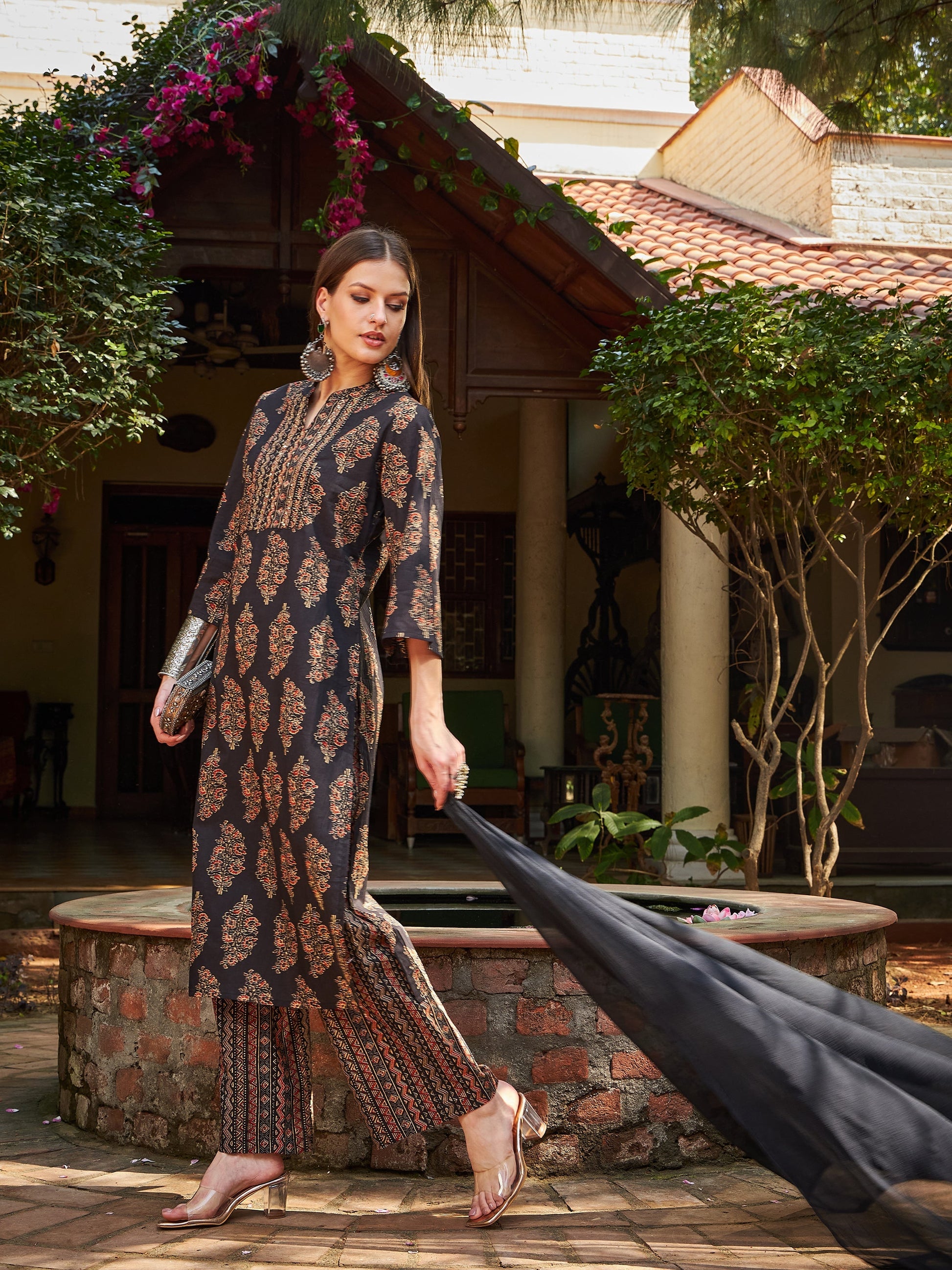 Women's Women Black Floral Straight Kurta With Pants & Dupatta in Cotton by Shae for wholesale, bulk, supplier, manufacturer and wholesaler buyers from Trendphoria