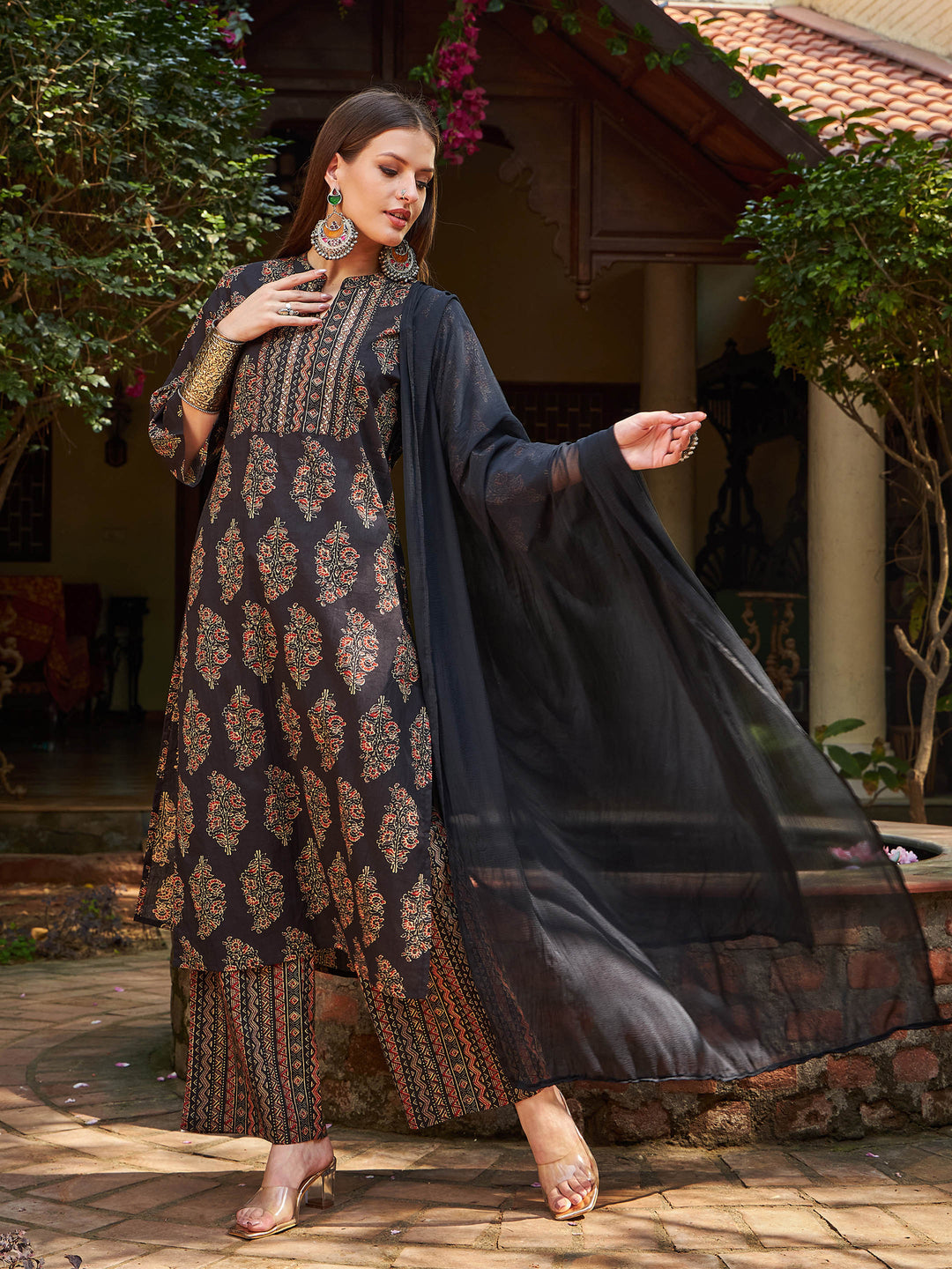 Black Floral Straight Kurta With Pants &amp; Dupatta-Shae by SASSAFRAS
