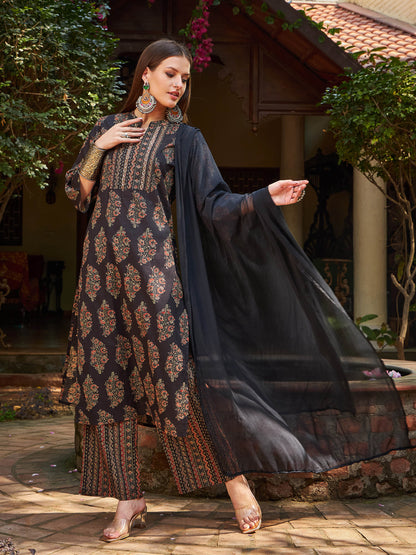 Black Floral Straight Kurta With Pants & Dupatta-Shae by SASSAFRAS