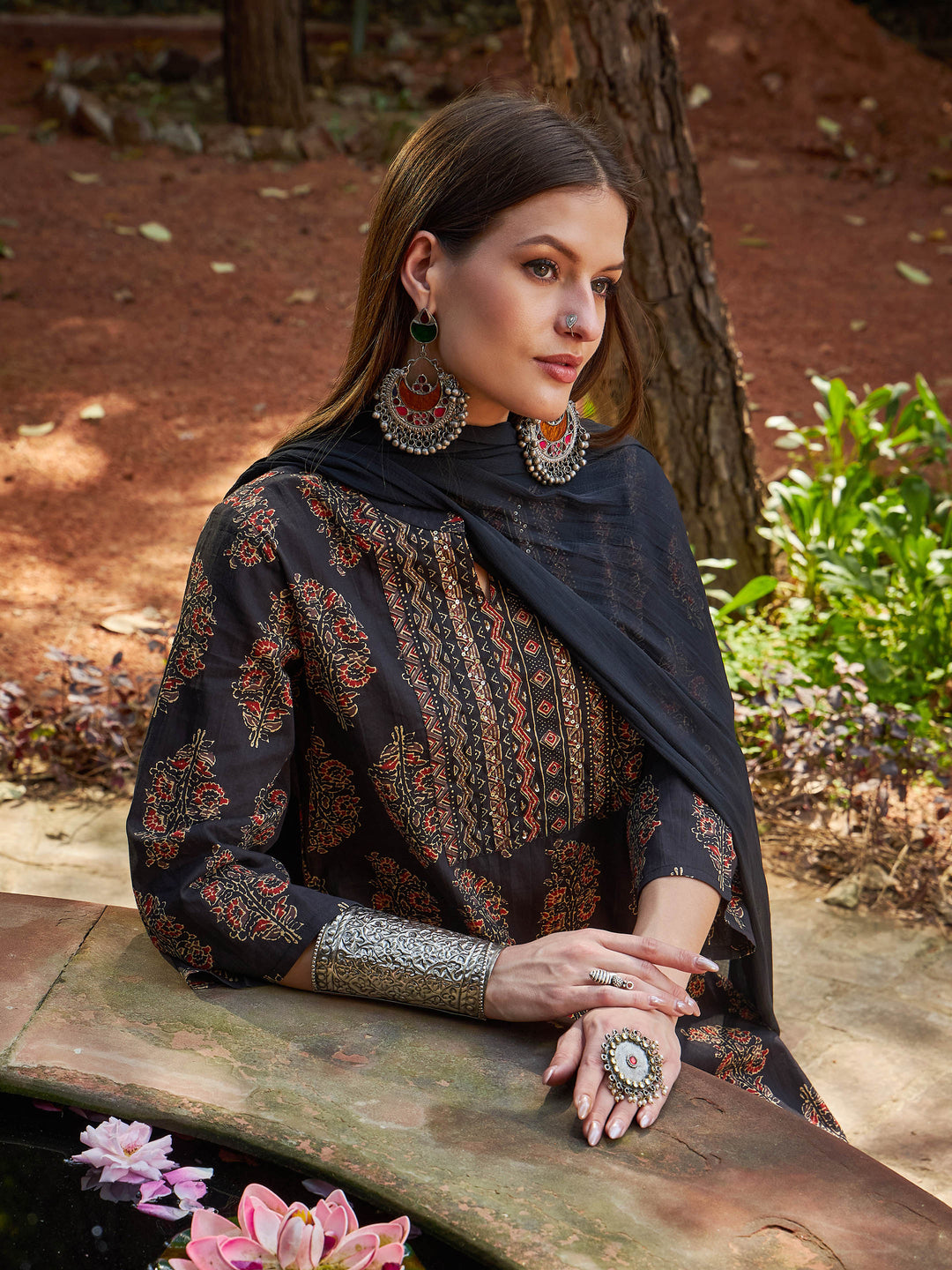 Black Floral Straight Kurta With Pants &amp; Dupatta-Shae by SASSAFRAS