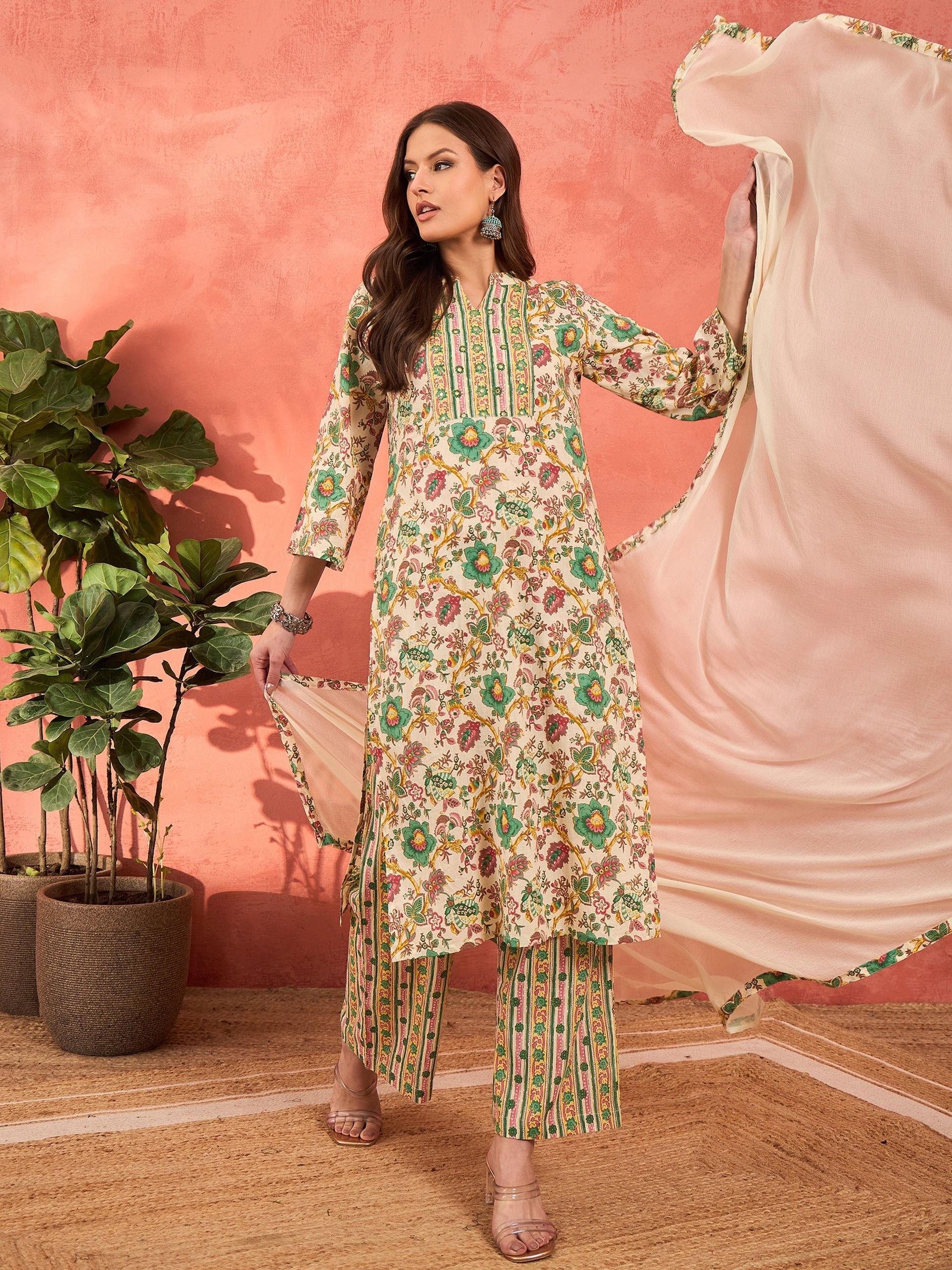 Women's Women White Multi Floral Straight Kurta With Pencil Pants & Dupatta in Cotton by Shae for wholesale, bulk, supplier, manufacturer and wholesaler buyers from Trendphoria