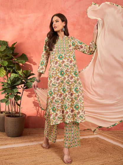 Women's Women White Multi Floral Straight Kurta With Pencil Pants & Dupatta in Cotton by Shae for wholesale, bulk, supplier, manufacturer and wholesaler buyers from Trendphoria