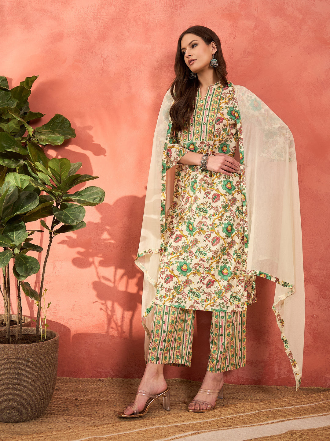 White Multi Floral Straight Kurta With Pencil Pants &amp; Dupatta-Shae by SASSAFRAS
