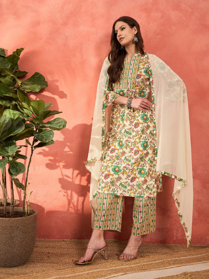 White Multi Floral Straight Kurta With Pencil Pants &amp; Dupatta-Shae by SASSAFRAS