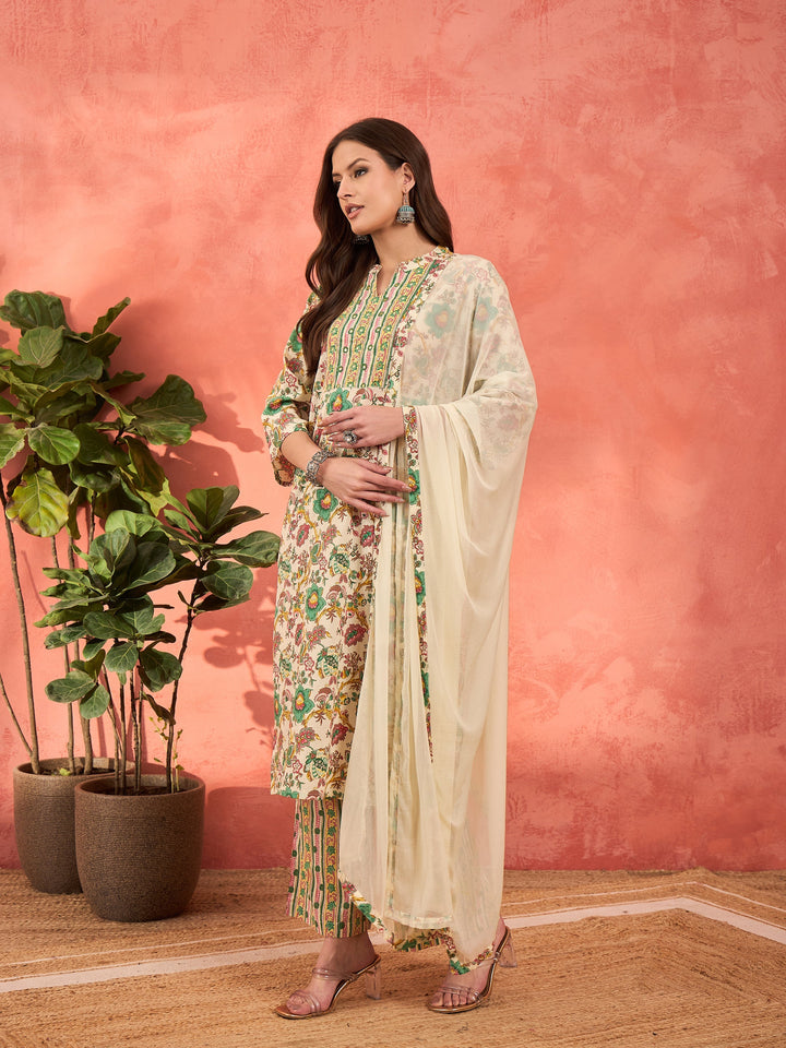 White Multi Floral Straight Kurta With Pencil Pants &amp; Dupatta-Shae by SASSAFRAS